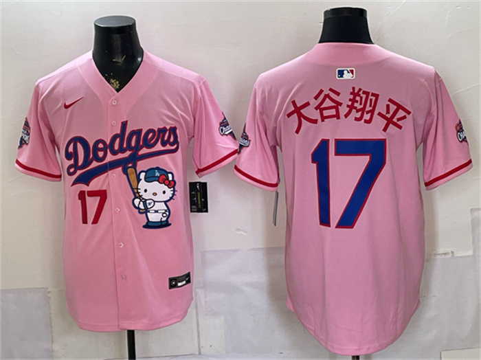 Men's Los Angeles Dodgers #17 大谷翔平 Pink Hello Kitty Night 2025 World Series Champions Patch Stitched Baseball Jersey